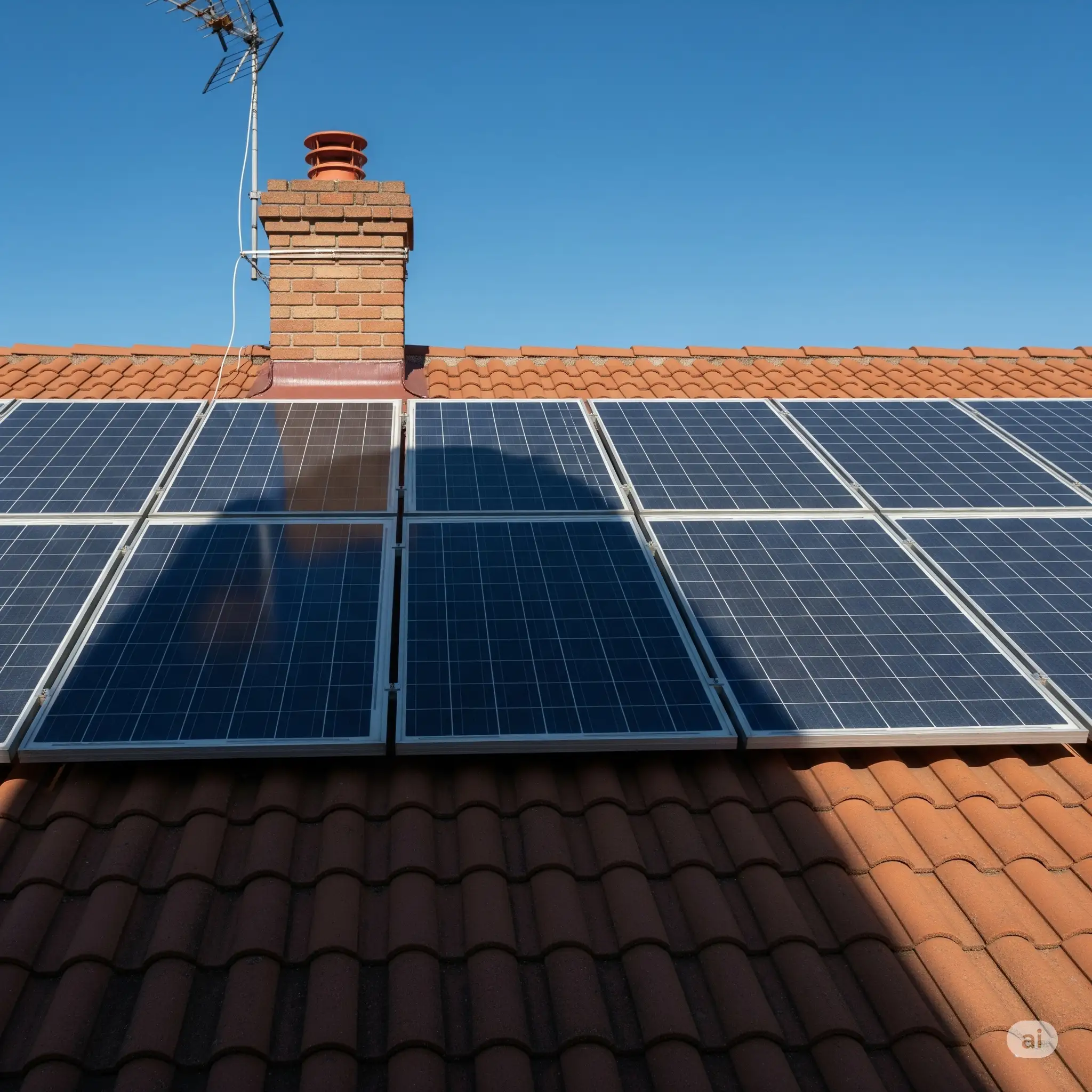 Sombra de chimenea y antena reduciendo el rendimiento de placas solares convencionales por el efecto guirnalda.