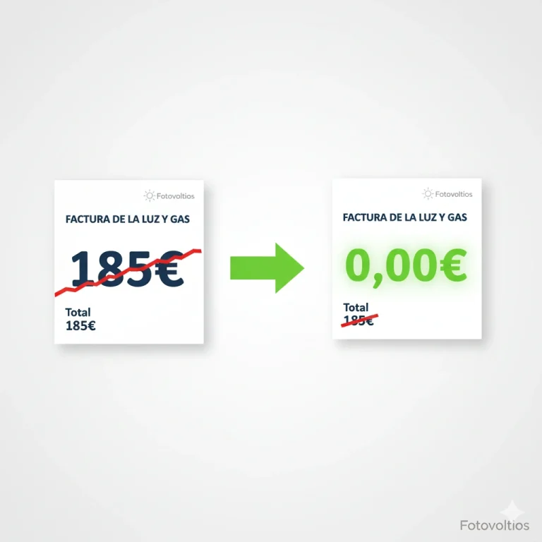 Comparativa de una factura de la luz antes y después de instalar placas solares, mostrando un resultado de 0€.