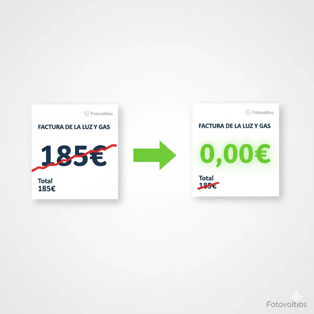 Comparativa de una factura de la luz antes y después de instalar placas solares, mostrando un resultado de 0€.