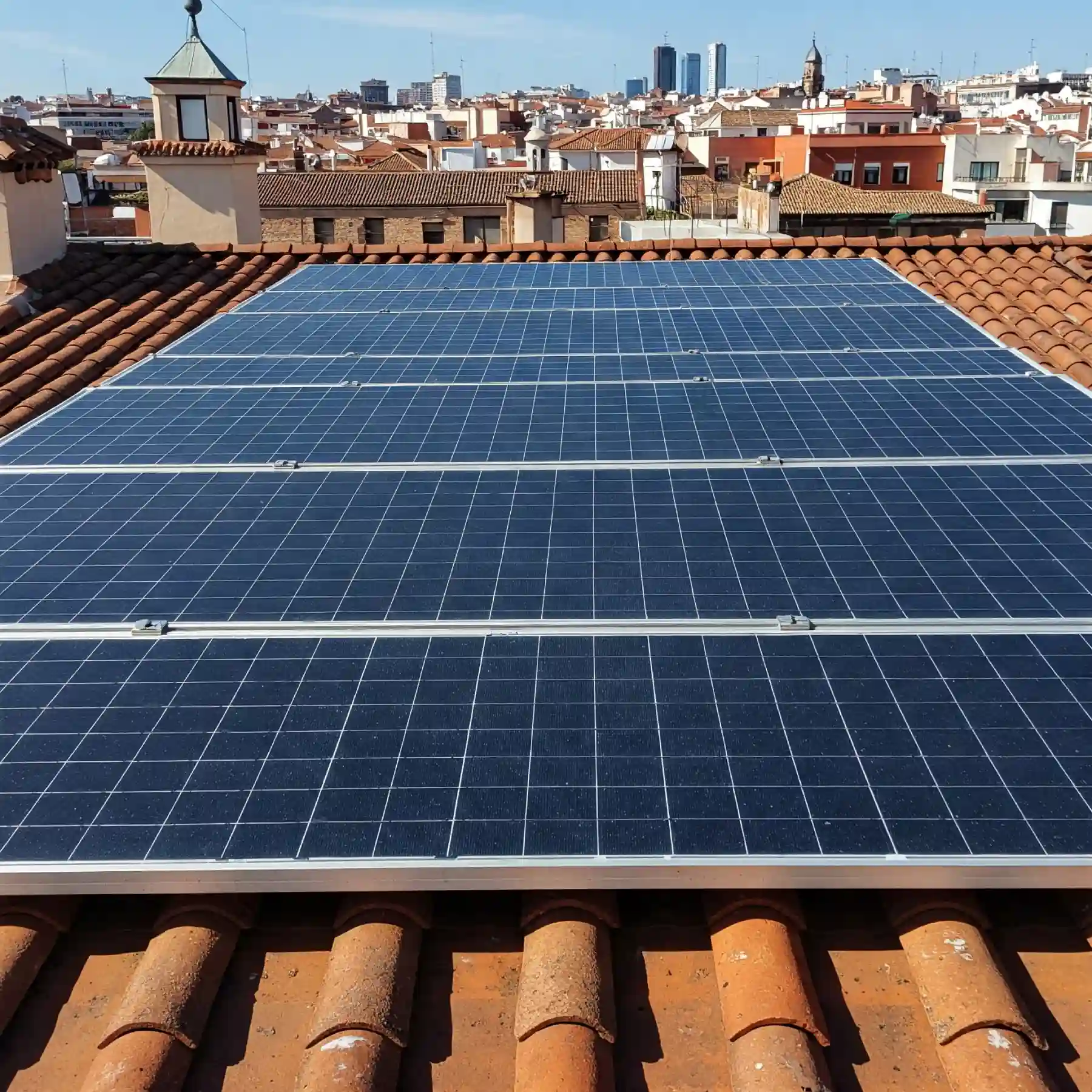 Primer plano de paneles solares instalados en un tejado de Madrid, con el skyline de la ciudad visible al fondo. Instalación realizada por Fotovoltios para autoconsumo energético en viviendas y negocios.
