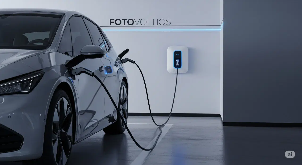 Coche eléctrico cargando con un cargador de pared inteligente instalado por Fotovoltios en un garaje de Madrid.