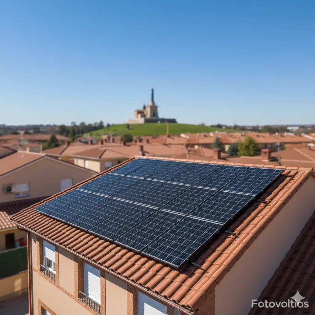 Instalación de placas solares en Perales del Río, Getafe, con vistas al Cerro de los Ángeles.